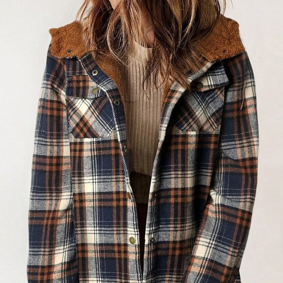 . Jackets & Blazers - Blue Casual Womens Plaid Print Teddy Lined Hooded Coat